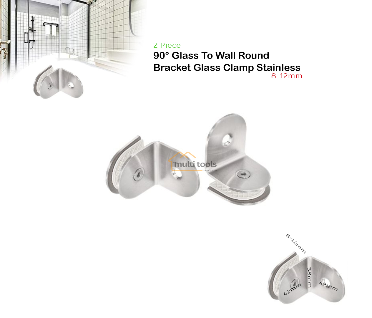 90° Glass To Wall Round Bracket Glass Clamp Stainless Steel 8-12mm